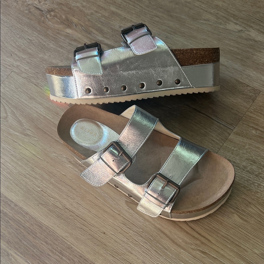Altar'd State Metallic Silver Dual-Buckle Platform Sandals